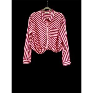 NWOT NORDSTROM LUSH FUCHSIA WHITE STRIPED BUTTON FRONT CROPPED BLOUSE LARGE